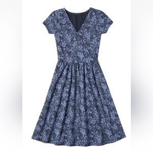 PACT Fit and Flare Crossover Dress S Small Blue Floral Short Sleeve Travel